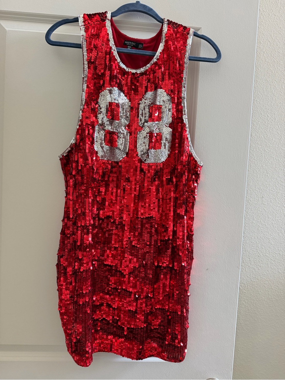Nasty Gal Red Sequin Tank Dress with Silver '88'